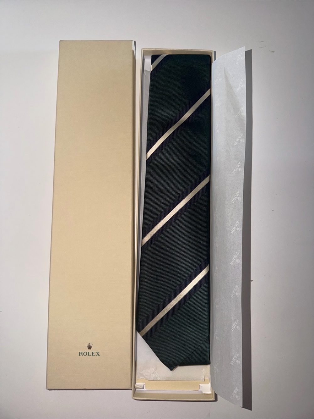 Rolex Dark Green Silk Tie with Silver Stripes